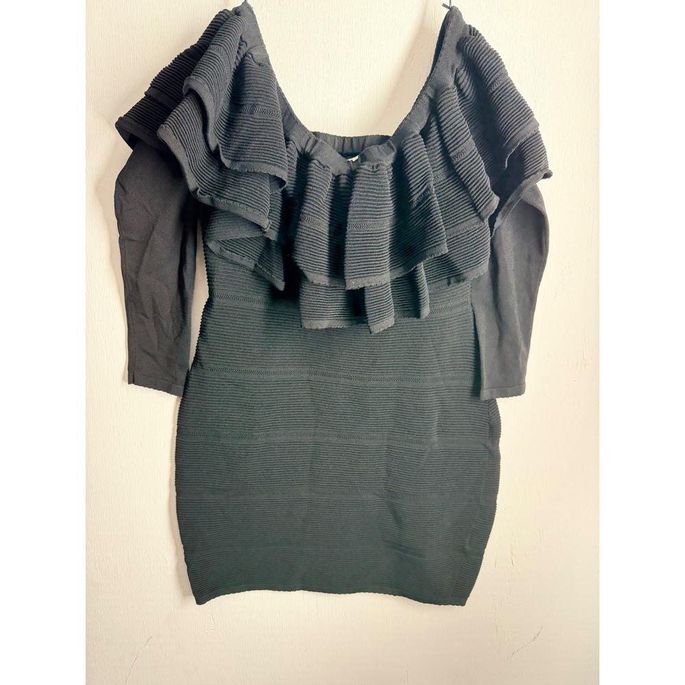 Keepsake The Label Black Ruffle Off Shoulder Bodycon Mini Dress Long Sleeve L
